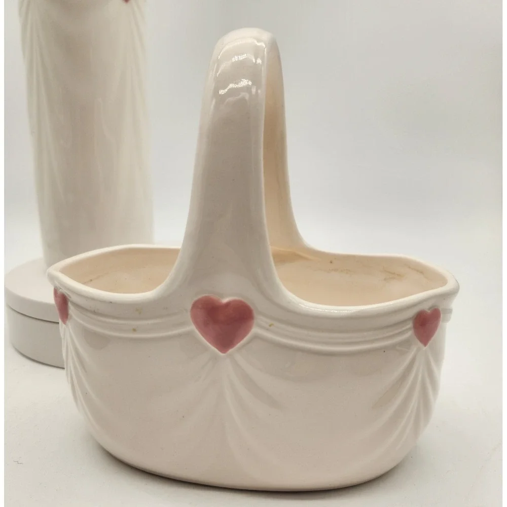 Vintage 1985 FTDA Ceramic Heart Basket Planter White Pink Japan Cottagecore Chic